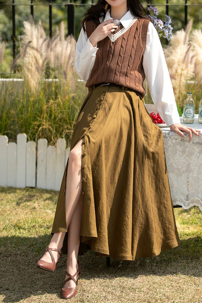 Army Green Linen Maxi Skirt: High Waist Button Front A-Line Swing Skirt, Ylistyle C5444