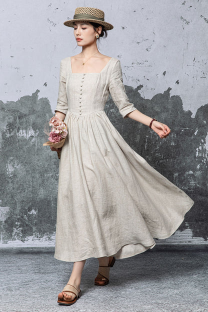 Beige Linen Maxi Dress - Square Neck, Empire Waist c5470