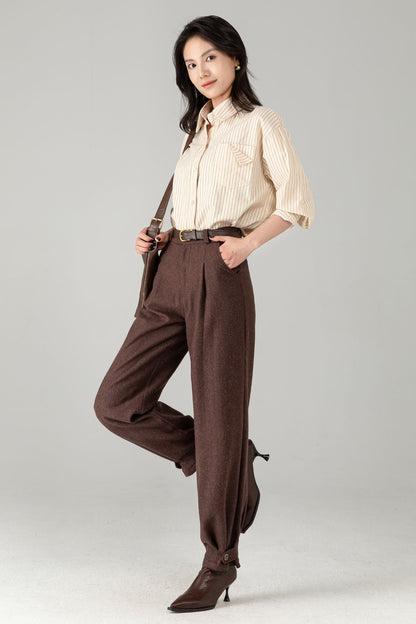 Brown Wool Tapered Trousers: Women’s Vintage-inspired Lantern Pants C5340