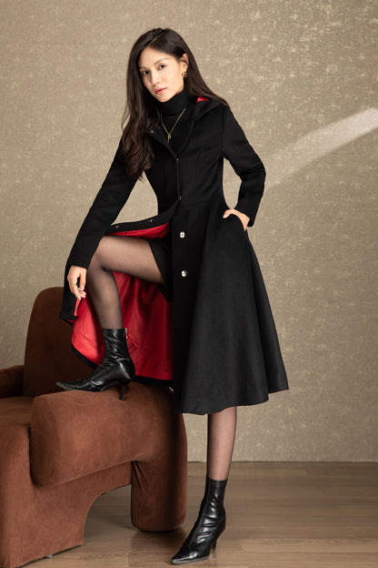 Hooded black long winter wool coat C4489