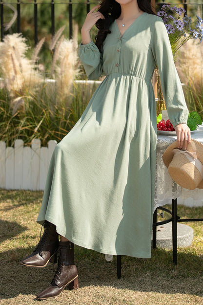 Sage Green Linen Cotton Midi Dress: Vintage Long Sleeve Button Front A-Line Dress, Ylistyle C5435