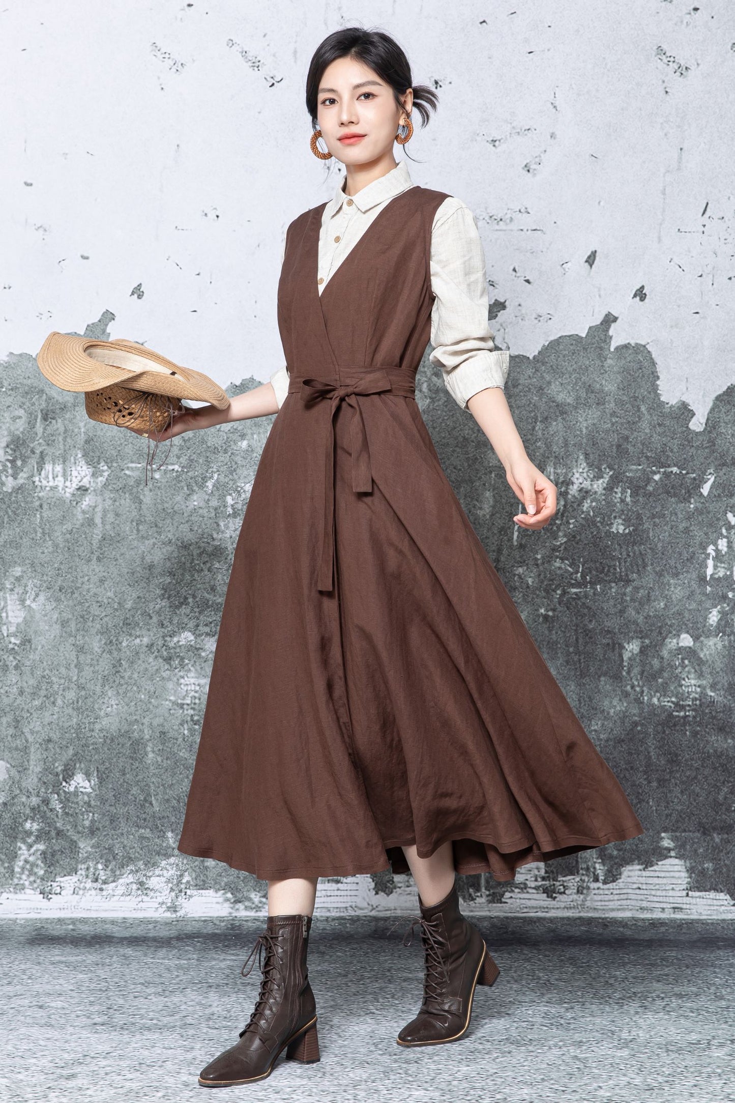 Brown Linen Wrap Midi Dress - Sleeveless V-Neck Tie Waist c5476