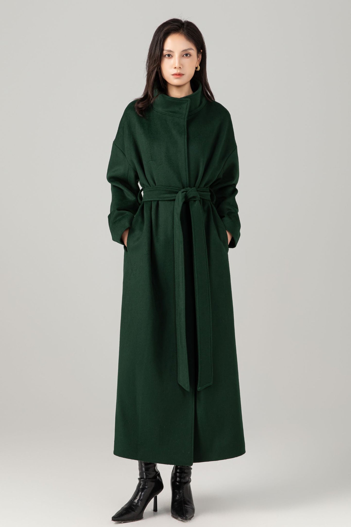Green long winter warm wool coat C5281