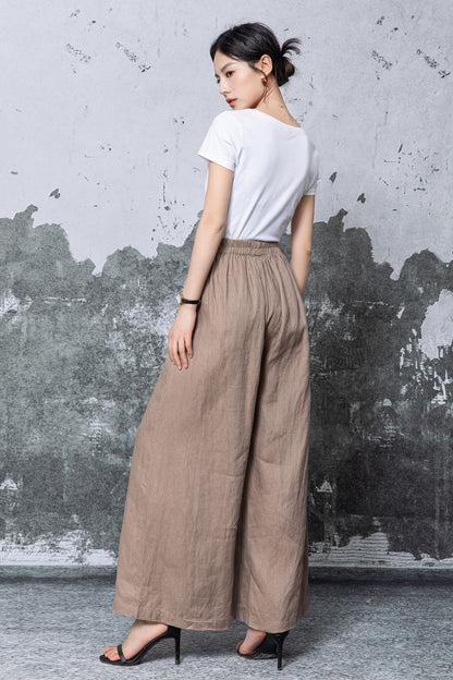 Brown Linen Wide Leg Pants - High Waisted Flowing Palazzo Trousers c5465