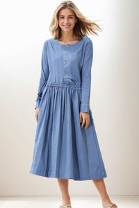 Blue Waist Drawstring Loose Dress C267