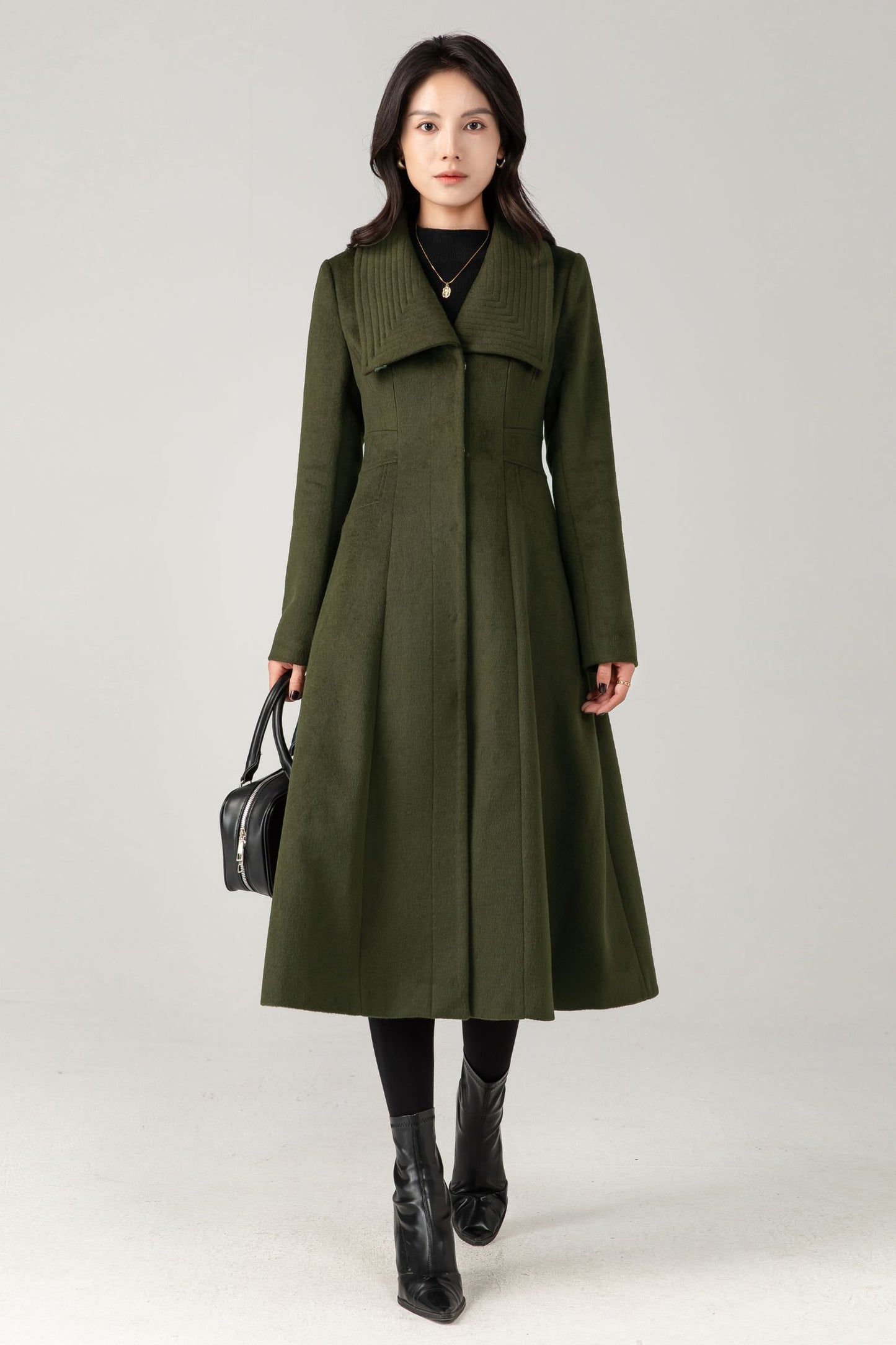 Army Green Wool Midi Coat: Women Tailored Winter Coat with Statement Collar C5335