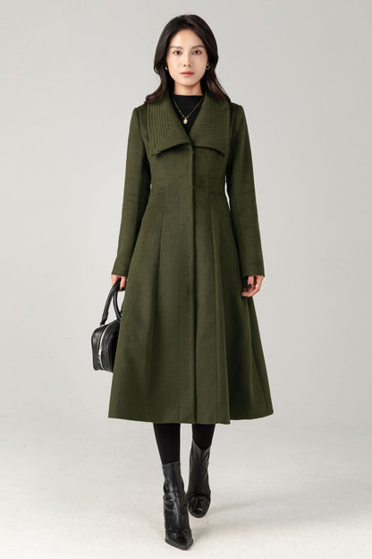 Army Green Wool Midi Coat: Women Tailored Winter Coat with Statement Collar C5335