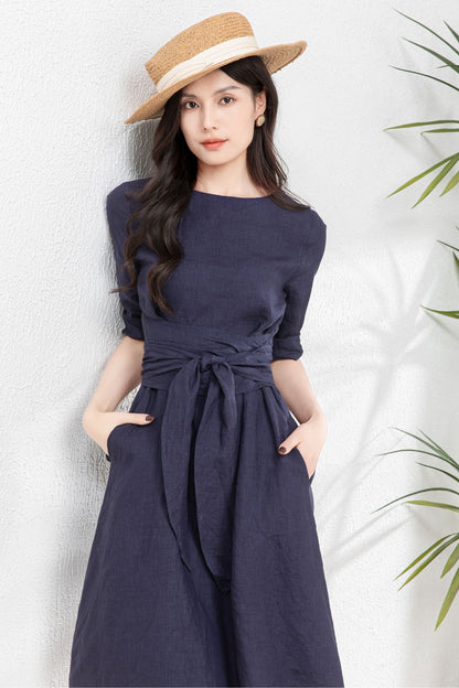 Women's Linen Dress with belted c4760