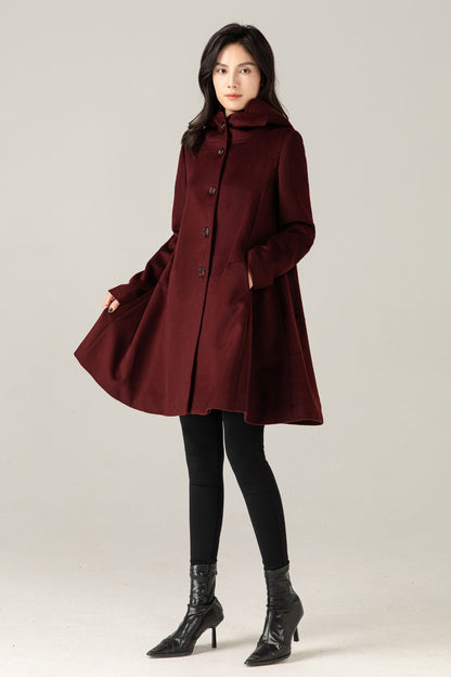 Burgundy Wool Blend Hooded Coat: A-Line Mid-Length Winter Overcoat, Ylistyle C5377