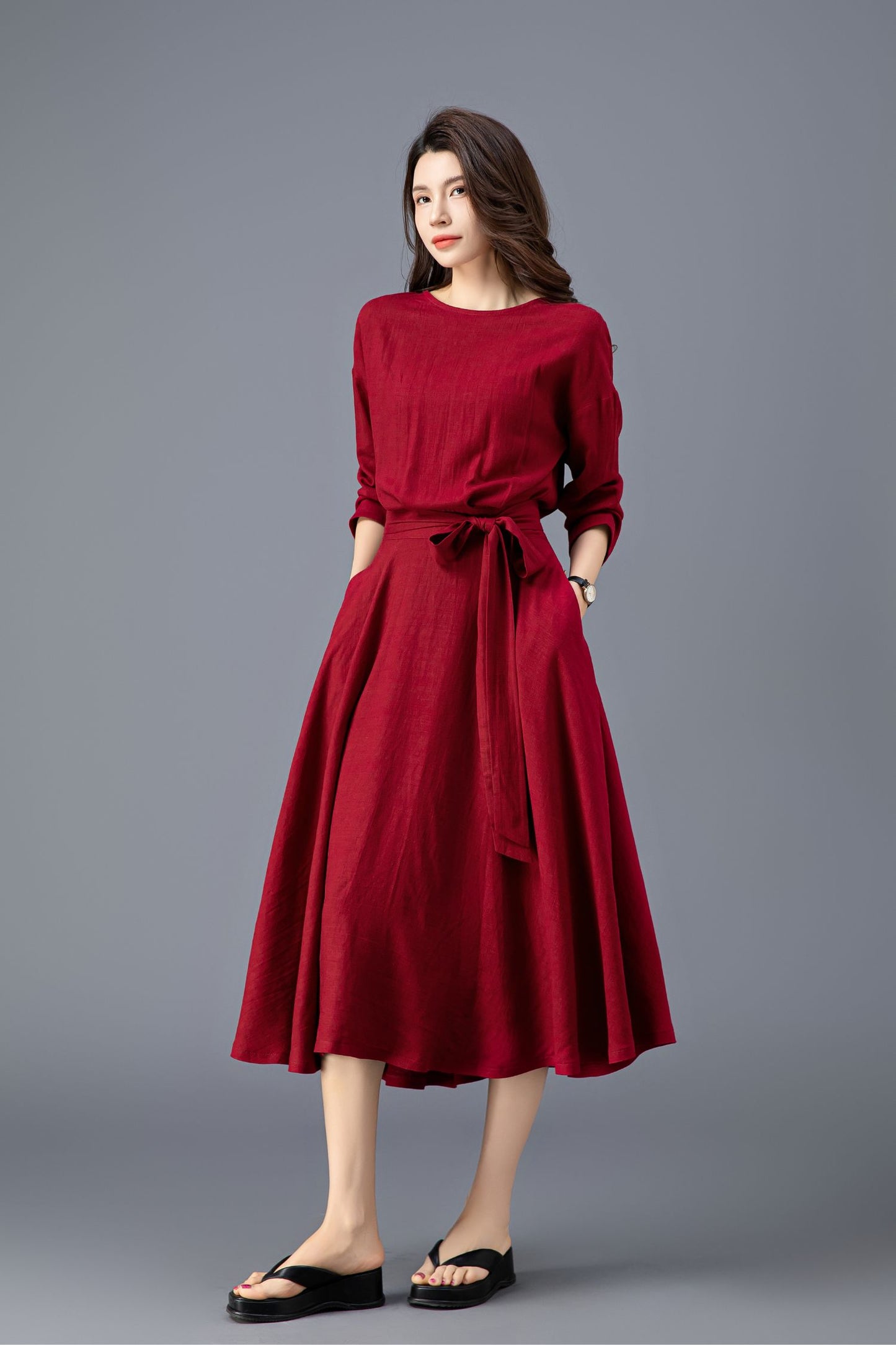 Women's Spring Burgundy Linen belted Dress C3909