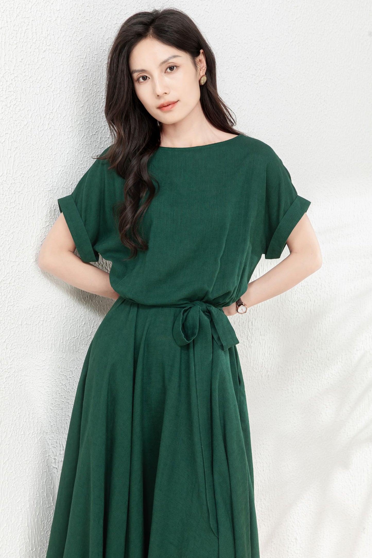 Linen midi swing green dress C4770