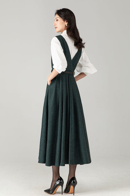 Dark Green Wool Blend Midi Pinafore Dress for Women – Sleeveless V-Neck Winter Jumper with Belt, Ylistyle C5339