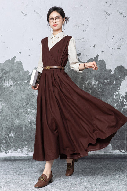 Brown Linen Maxi Dress - Sleeveless V-Neck with Tie Waist c5478