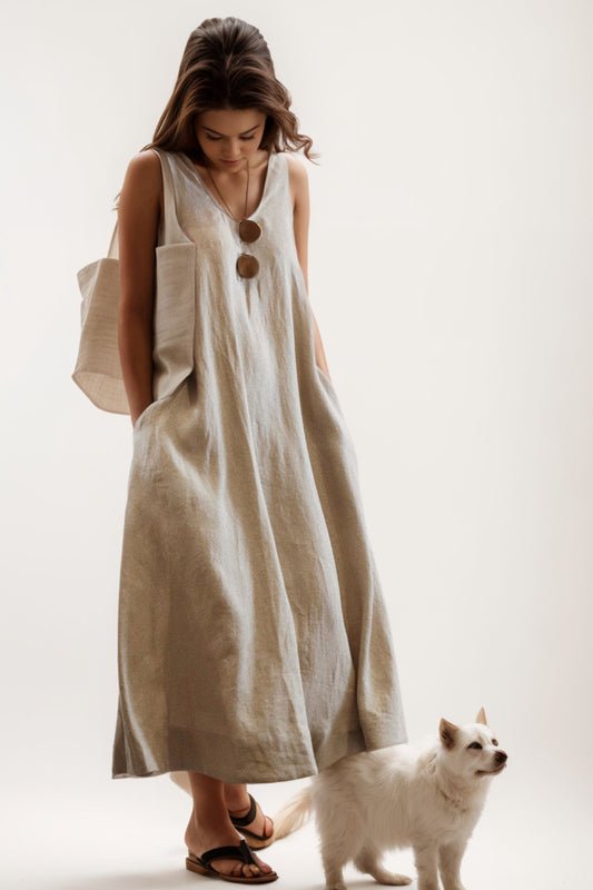 V-neck backless linen dress C4130