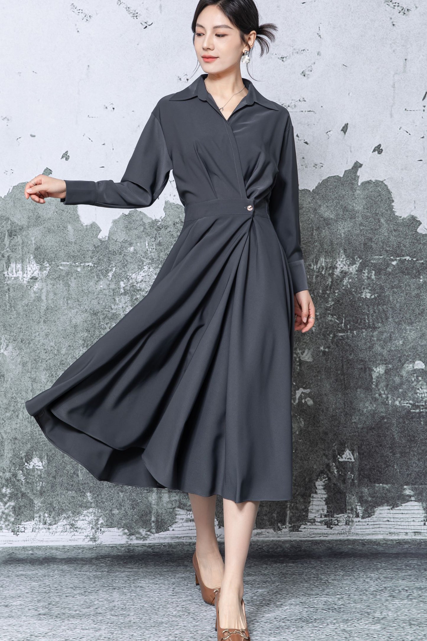 Gray Polyester Shirt Midi Dress - Pleated Flared Skirt c5471