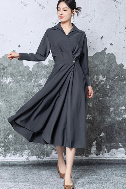Gray Polyester Shirt Midi Dress - Pleated Flared Skirt c5471