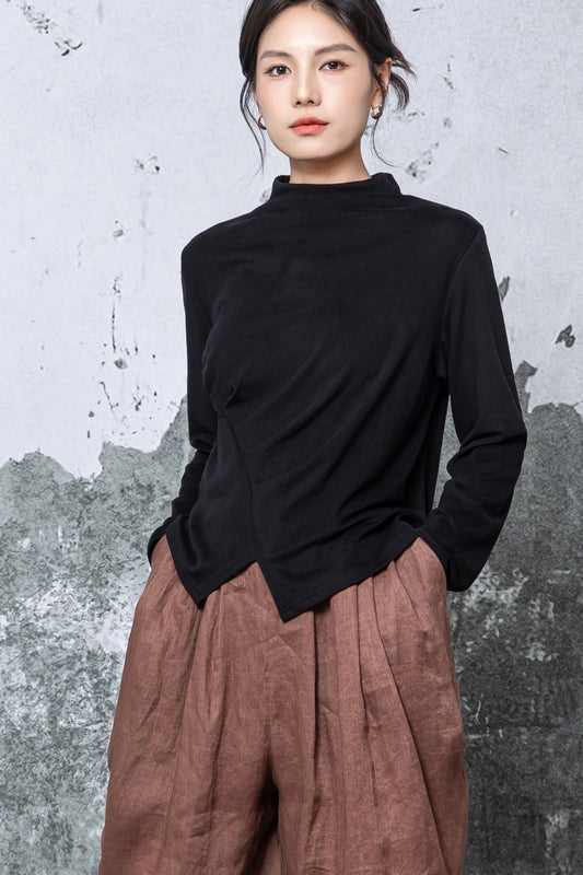 Black Cotton Blouse - Long Sleeve Mock Neck with Asymmetric Hem c5463
