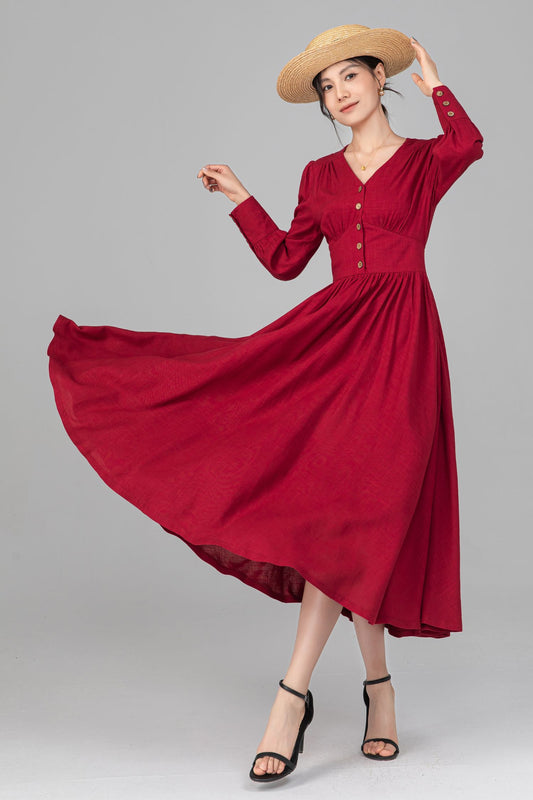 Vintage Inspired Red Linen Dress with Buttons C5516