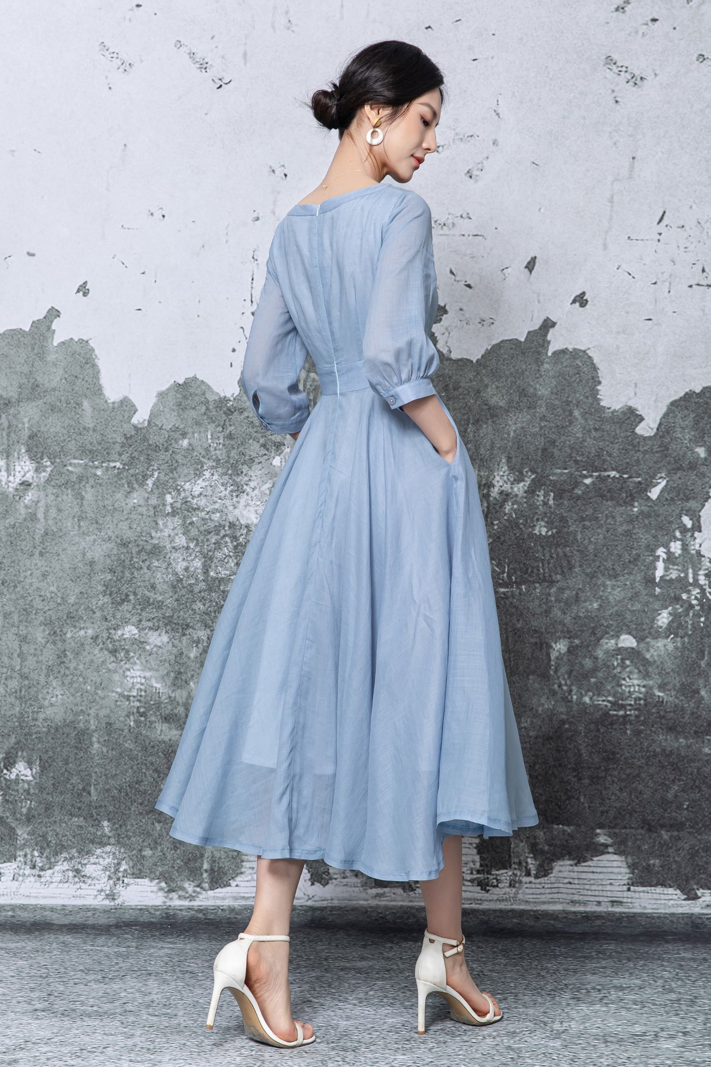 Blue Linen Midi Dress - Pleated Neckline Swing Silhouette c5475