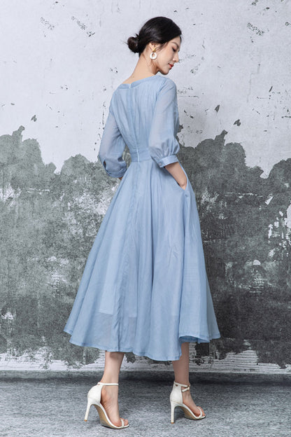 Blue Linen Midi Dress - Pleated Neckline Swing Silhouette c5475