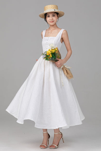 White Linen Maxi Dress - Square Neck Button Front, Pleated Waist C5526