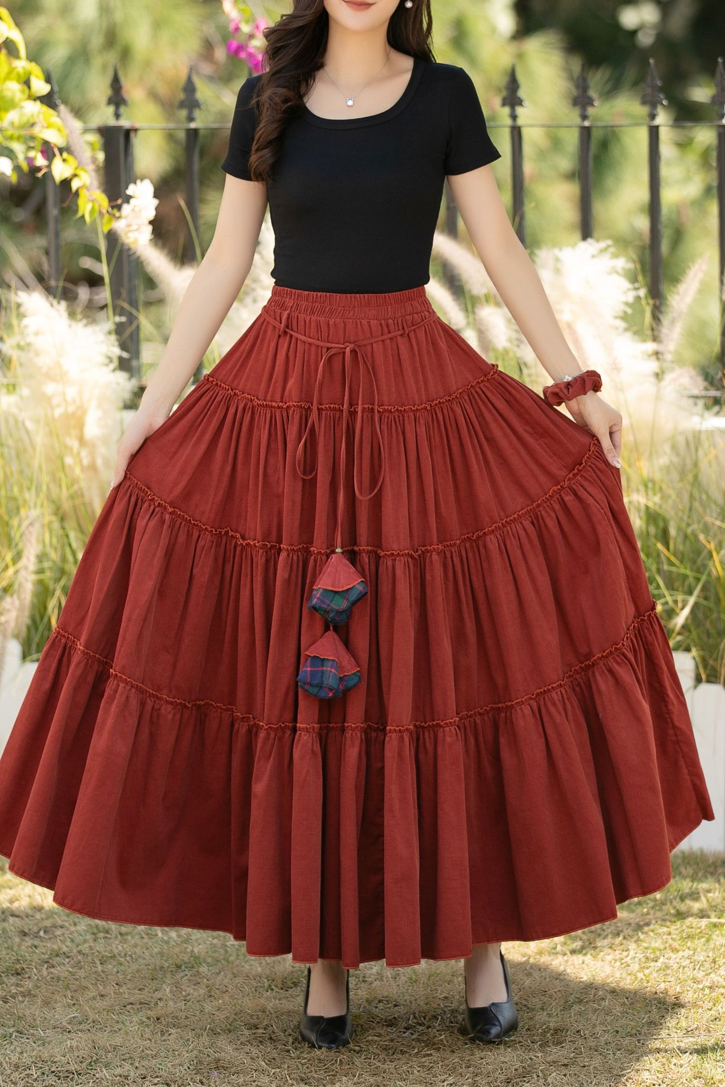 Rust Corduroy Tiered Maxi Skirt – Elastic Waist Boho Pleated Skirt C5436