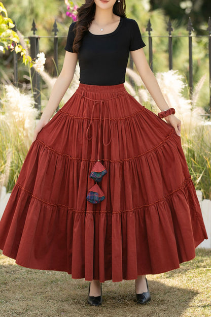 Rust Corduroy Tiered Maxi Skirt – Elastic Waist Boho Pleated Skirt C5436