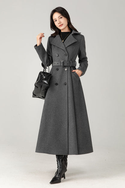 Double breasted long gray winter warm wool coat C5345