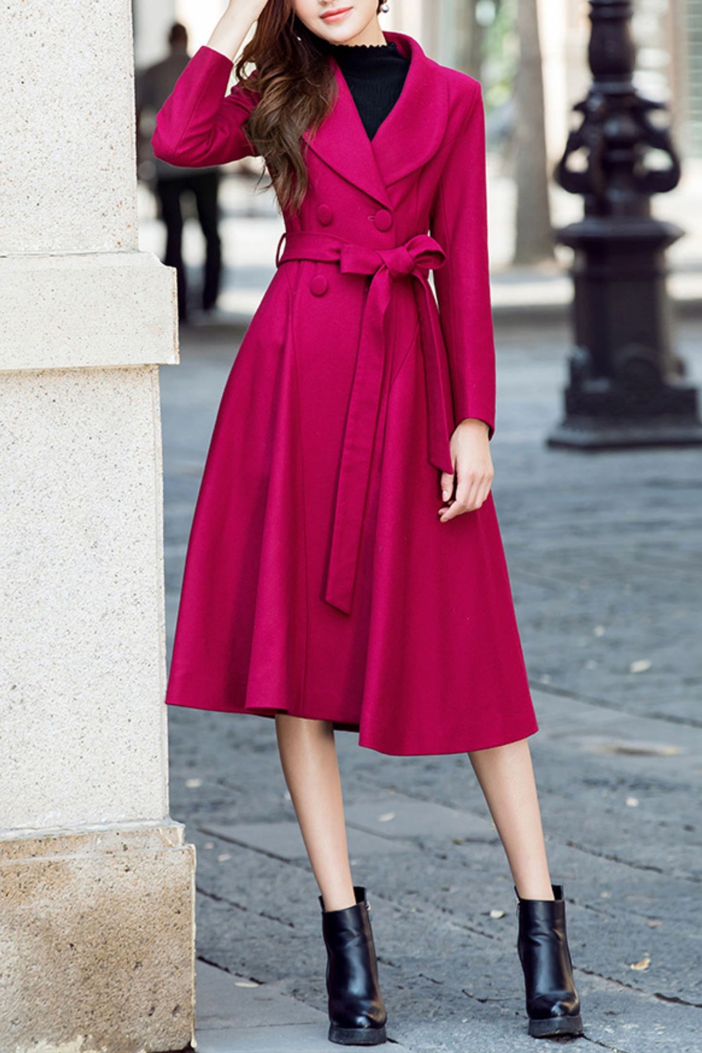 Winter rose red double-breasted wool coat C4205