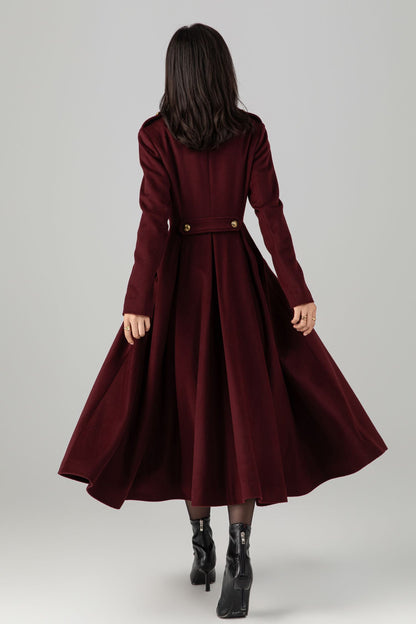 Burgundy winter long warm wool coat C5271