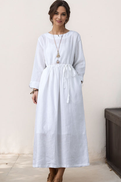 White Linen Casual Long Sleeve Drawstring Waist Dress C4617