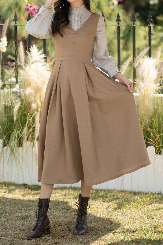 Khaki Linen Pinafore Midi Dress: Sleeveless A-Line Dress with Pockets, Ylistyle C5437