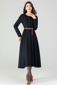 Navy Blue Midi Wool Dress C3616
