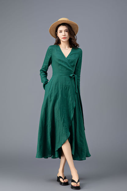 Women's Green Long Sleeves Linen Dress C3914