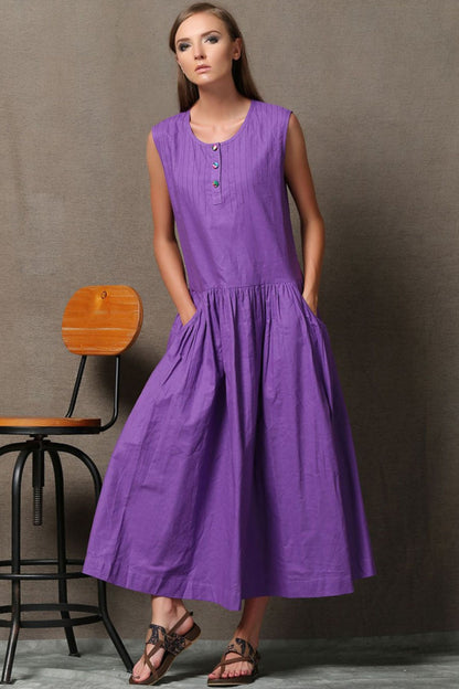 Purple Linen Dress - Loose-Fitting Fit and Flare Sleeveless Womens Dress with Pockets C541