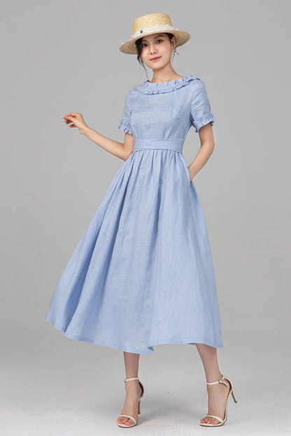 Light Blue Linen Midi Dress - Ruffle Neckline, Fit-and-Flare Silhouette c5518