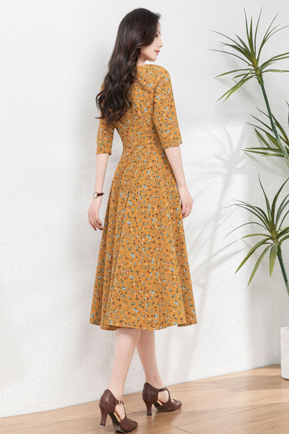 Floral swing linen dress women C4768