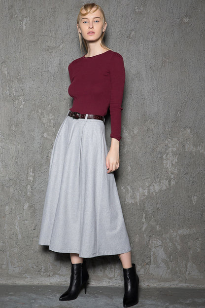 Gray pleated winter wool skirt women C737