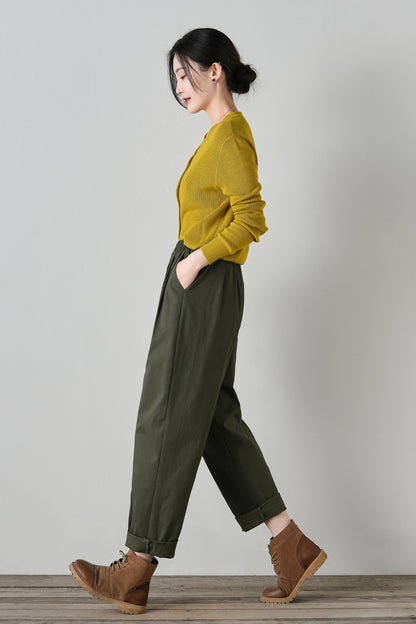 Elastic waist loose fitting cotton pants women C4701