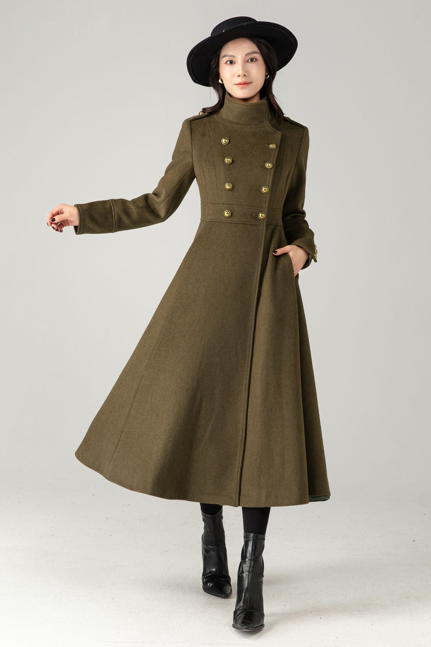 Green Wool Maxi Trench Coat: Double Breasted Long Winter Overcoat C5344