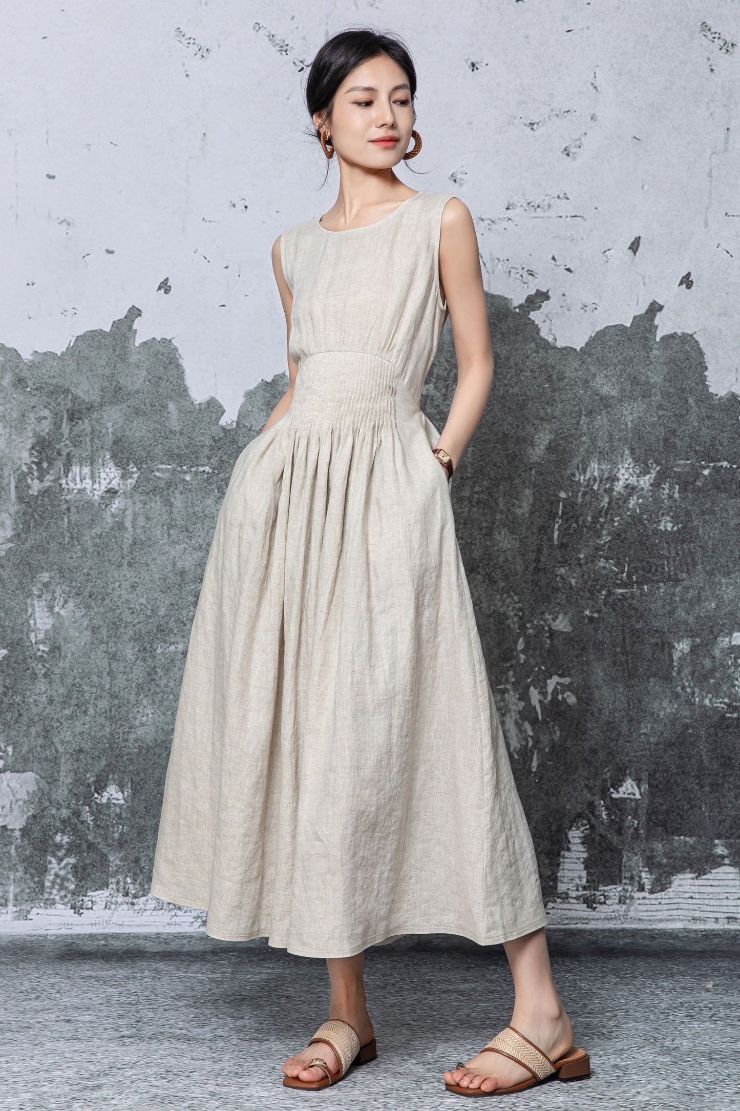 Natural Linen Maxi Dress - Sleeveless A-Line with Smocked Waist c5468