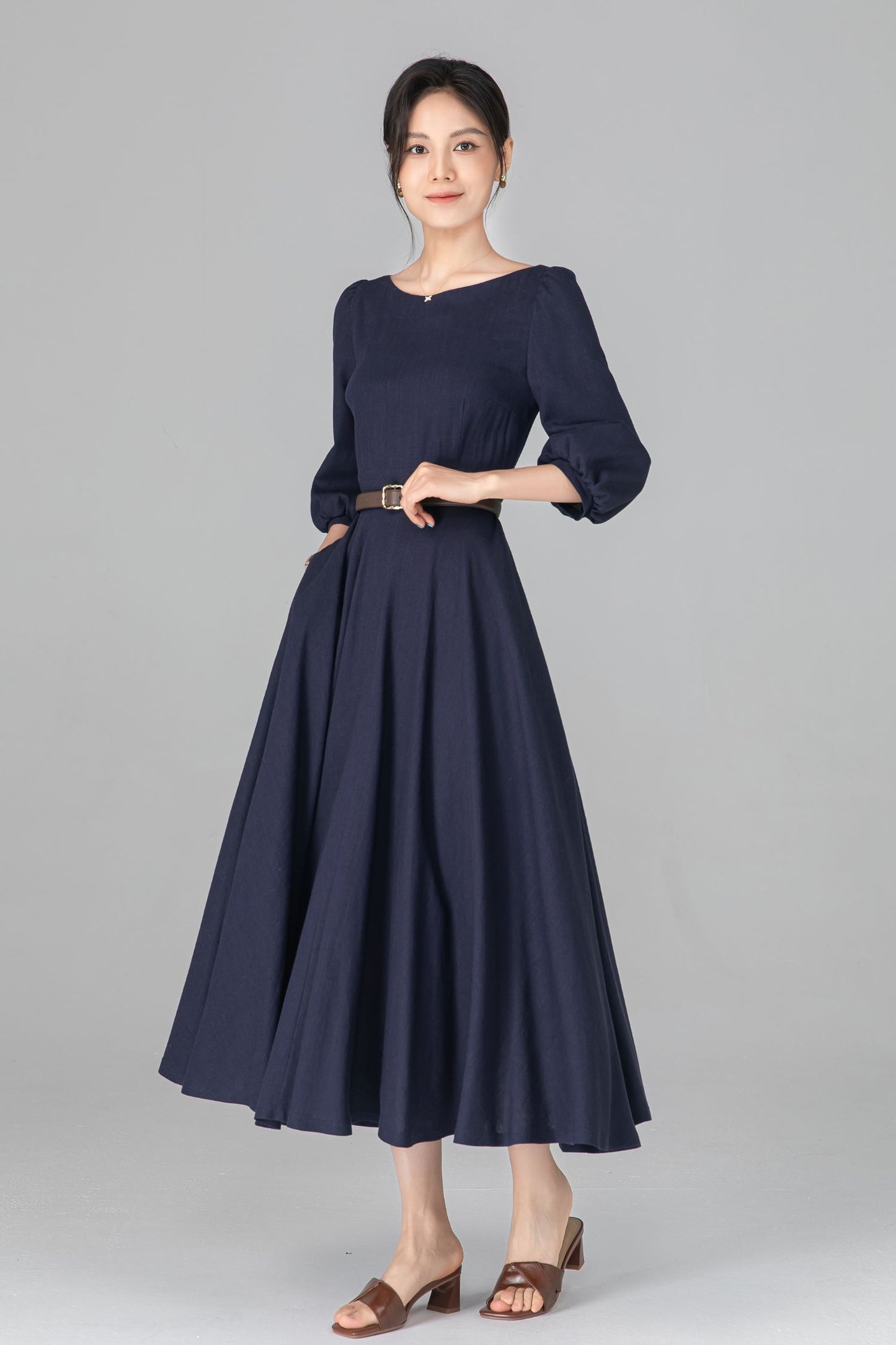 Navy Linen Cotton Midi Dress - A-Line Swing Dress with Boat Neck c5513