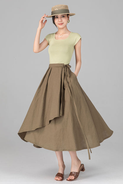 Green Linen Cotton Wrap Midi Skirt - Asymmetrical Flowy Pleated A-Line c5519