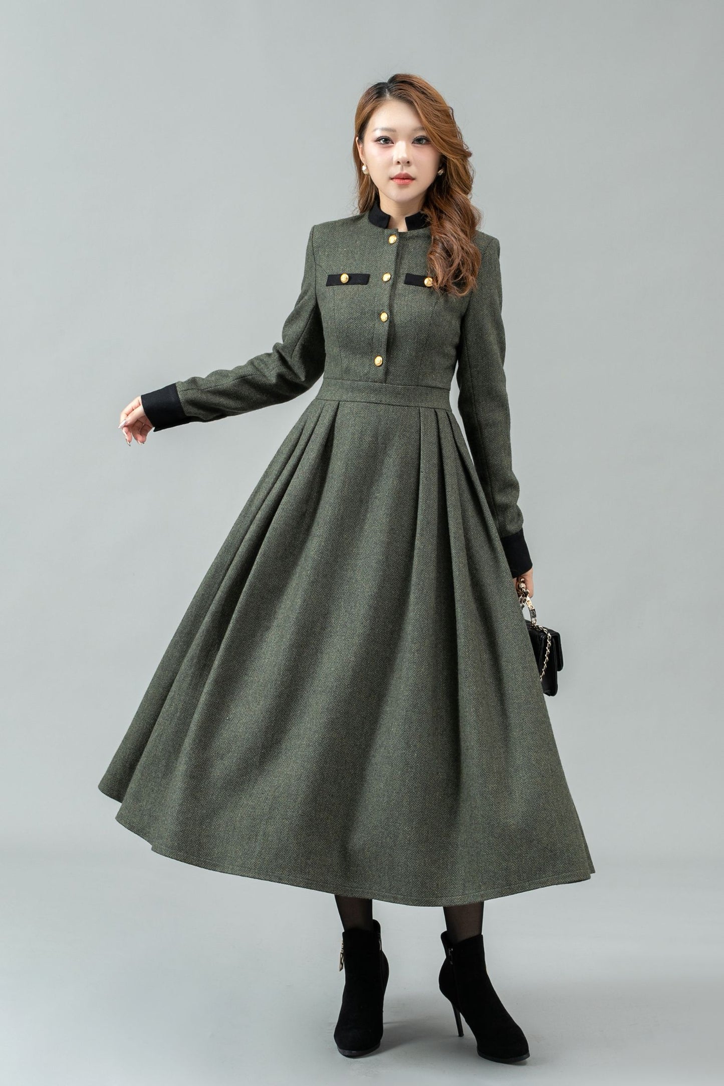 Button front army green winter wool dress C4441