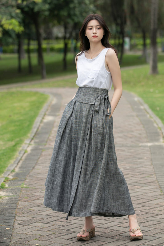 Grey Linen Maxi Skirt C4015