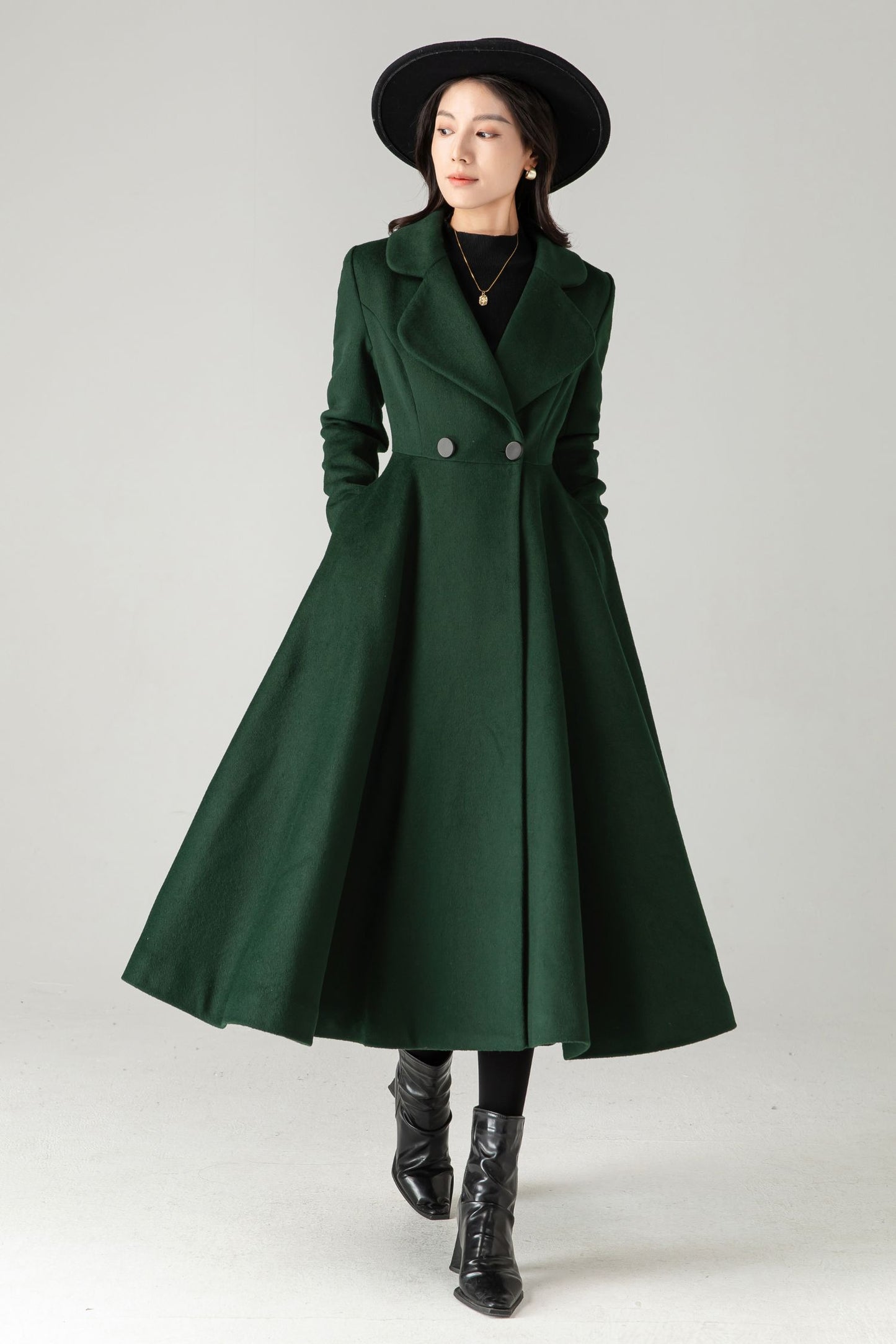 Emerald Green Wool Coat: Elegant Women's Swing Long Flared Trench Coat C5341
