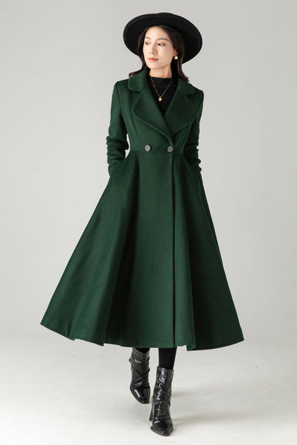 Emerald Green Wool Coat: Elegant Women's Swing Long Flared Trench Coat C5341