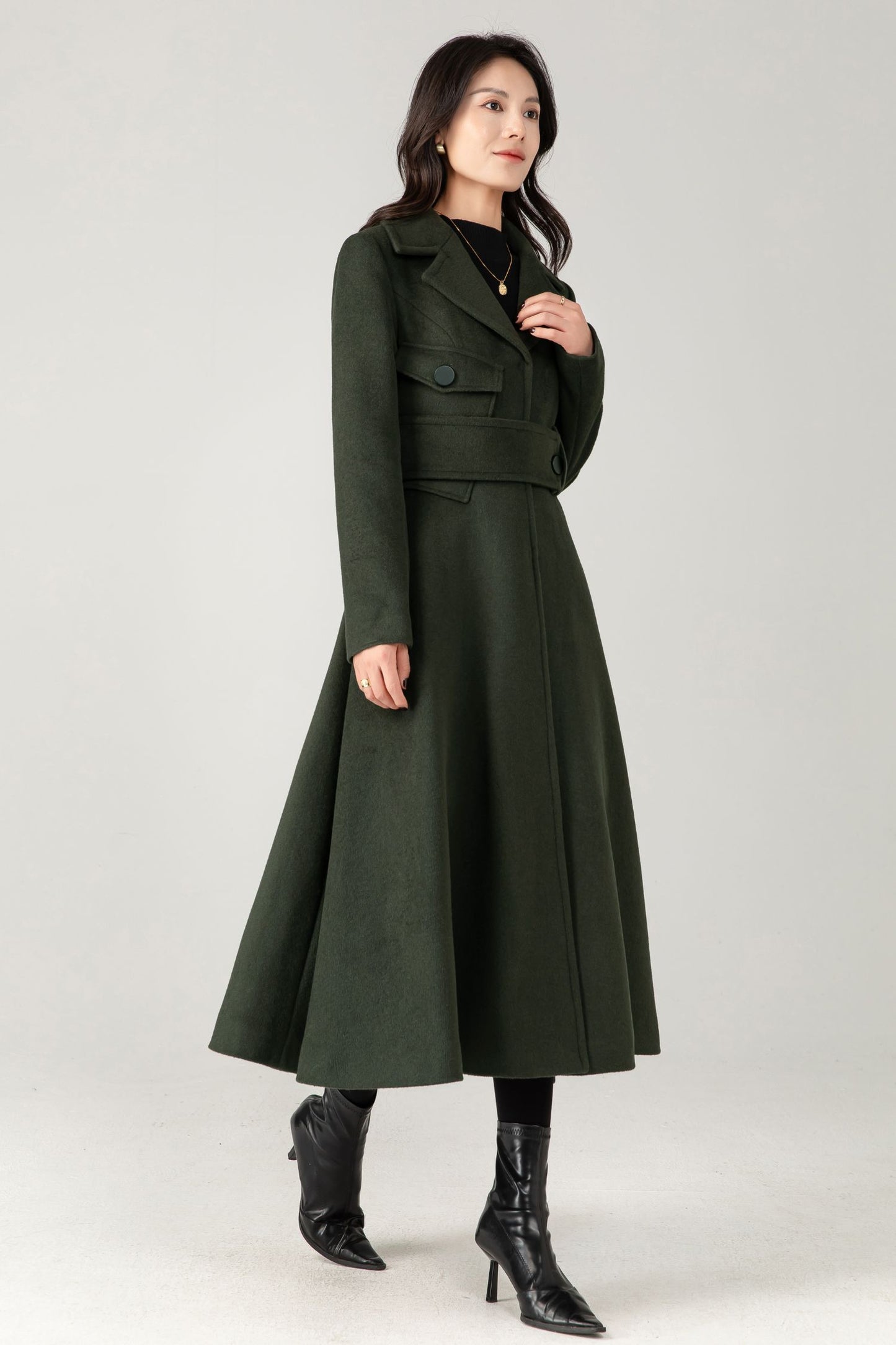 Green Wool Coat: Women’s Tailored Belted A-Line Winter Overcoa C5336