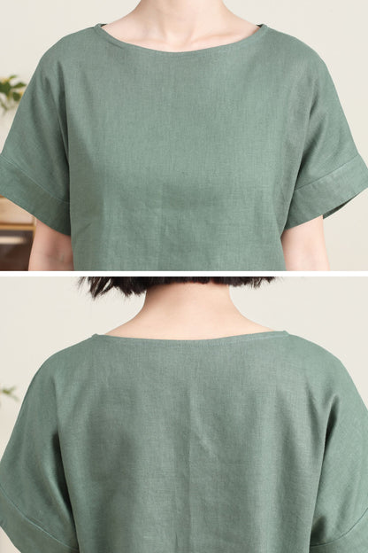 Green casual linen summer blouse C4727