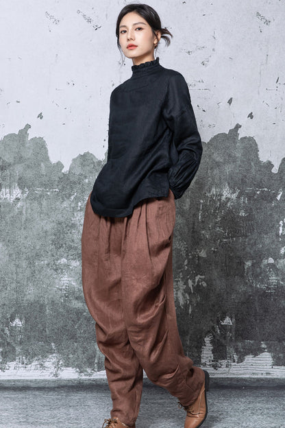 Brown Linen Harem Pants - High Waisted Wide Leg Relaxed Fit c5462